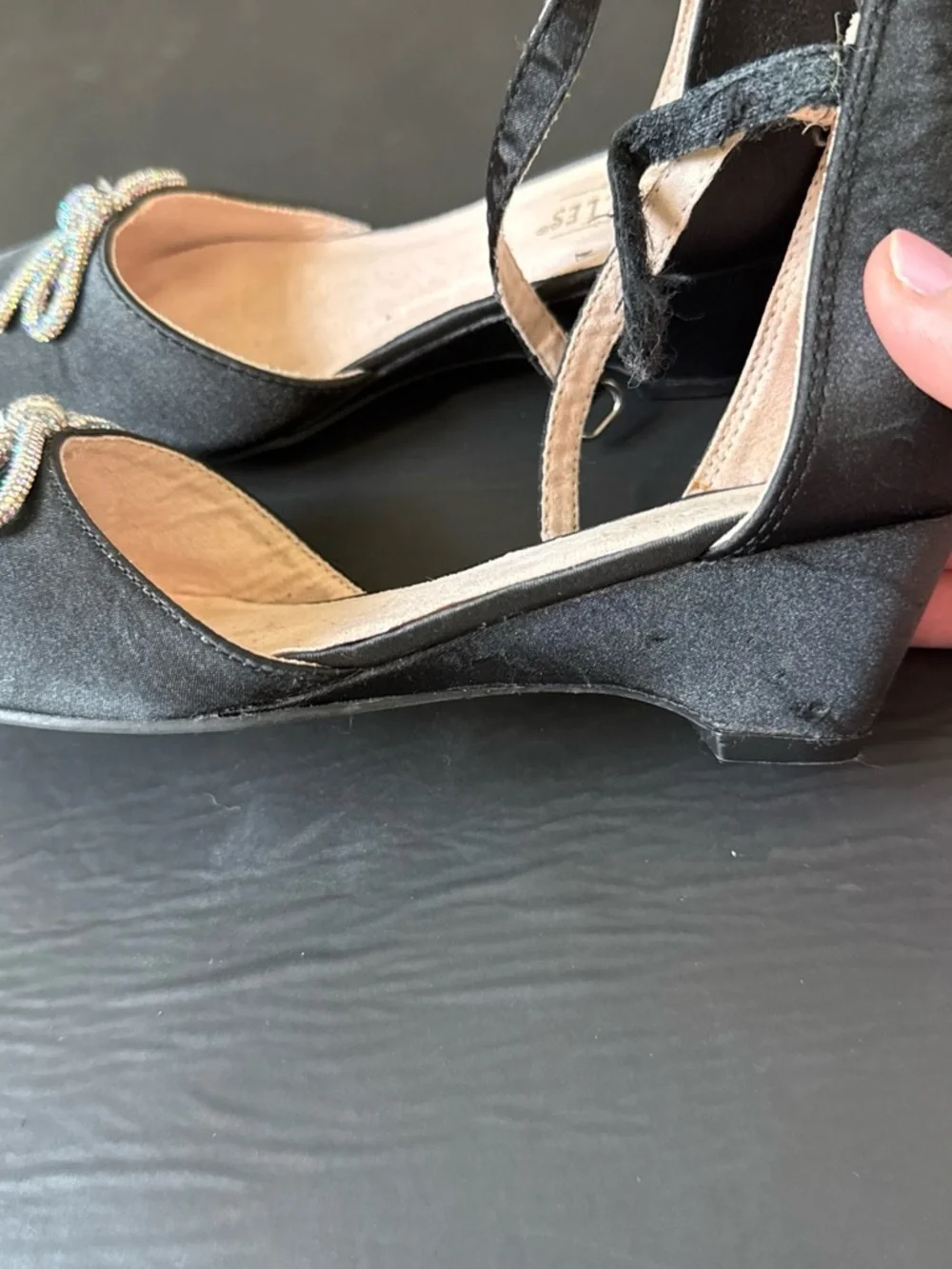 Seychelles girl’s Black Satin Ankle-Strap Bow Pumps